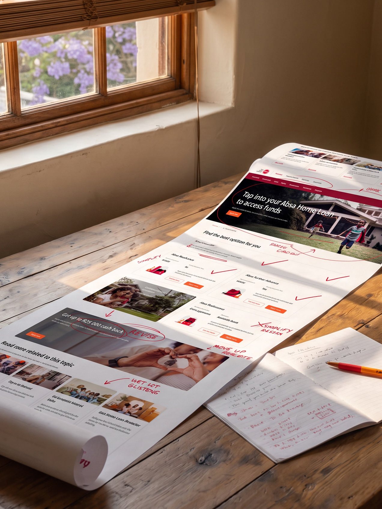 A long printout of an Absa home loans page laid across a scrubbed timber table in morning light, a cottage window with jacaranda blossom behind it, marked up in red pen with ticks, arrows and the words SIMPLIFY, REVISE, MOVE UP and RE-WRITE. An open notebook and a pen lie on the table beside it.