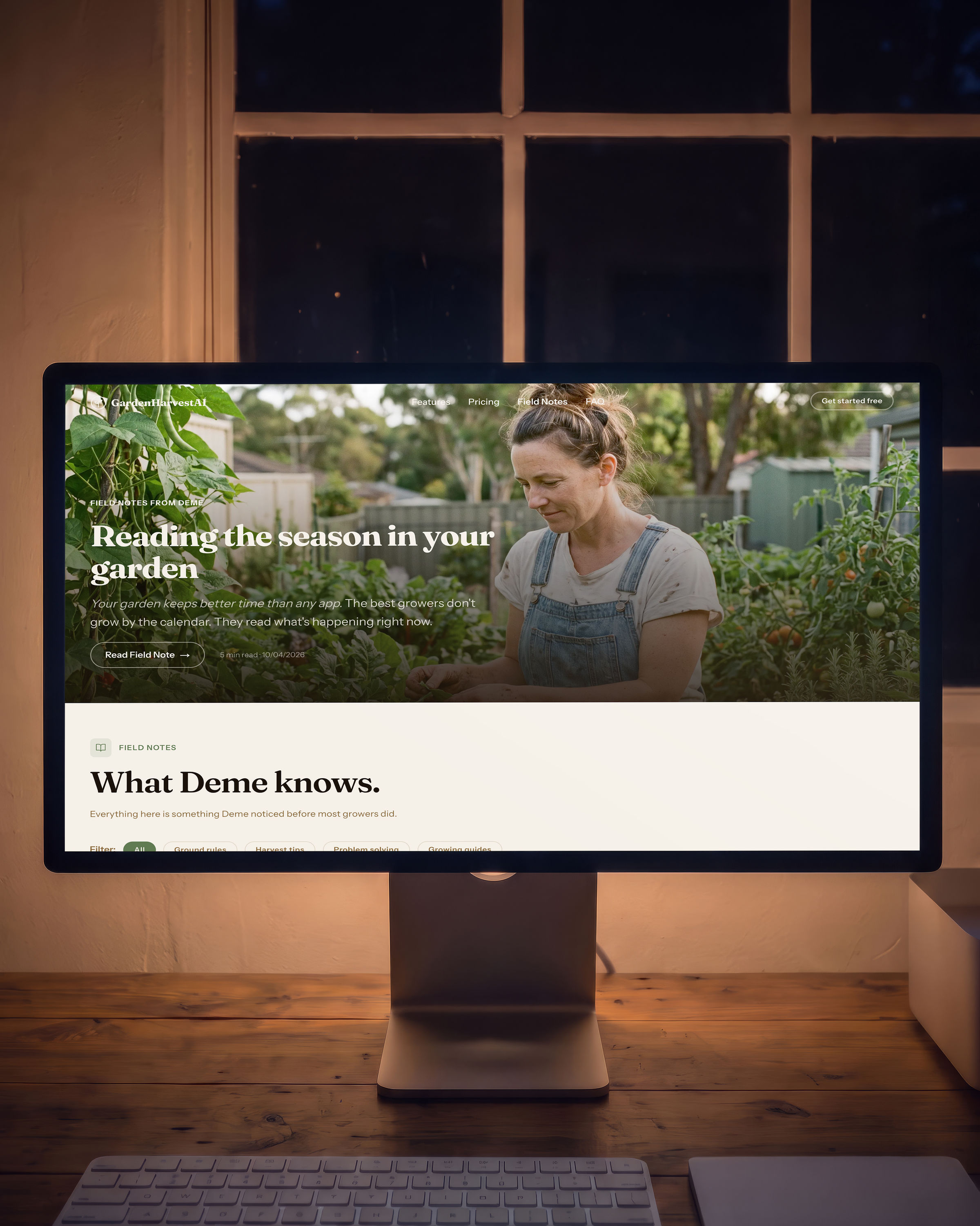 A large display standing on a timber desk in a dark studio at night, showing the GardenHarvestAI Field Notes page: a full-bleed photograph of a gardener working among tomatoes and beans, the headline Reading the season in your garden over it, and below it the line What Deme knows. with a row of category filters.