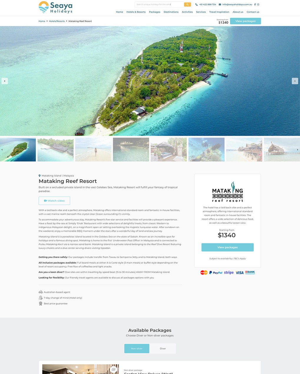 The top of a Seaya resort page: an aerial photograph of Mataking, a private island ringed by pale sand and turquoise water, above a strip of eight more photographs. Below it the resort name and description, a card giving the starting price of 1340 dollars with a View packages button, and three small assurances, an Australian-based agent, a seven-day change of mind and a best price guarantee.