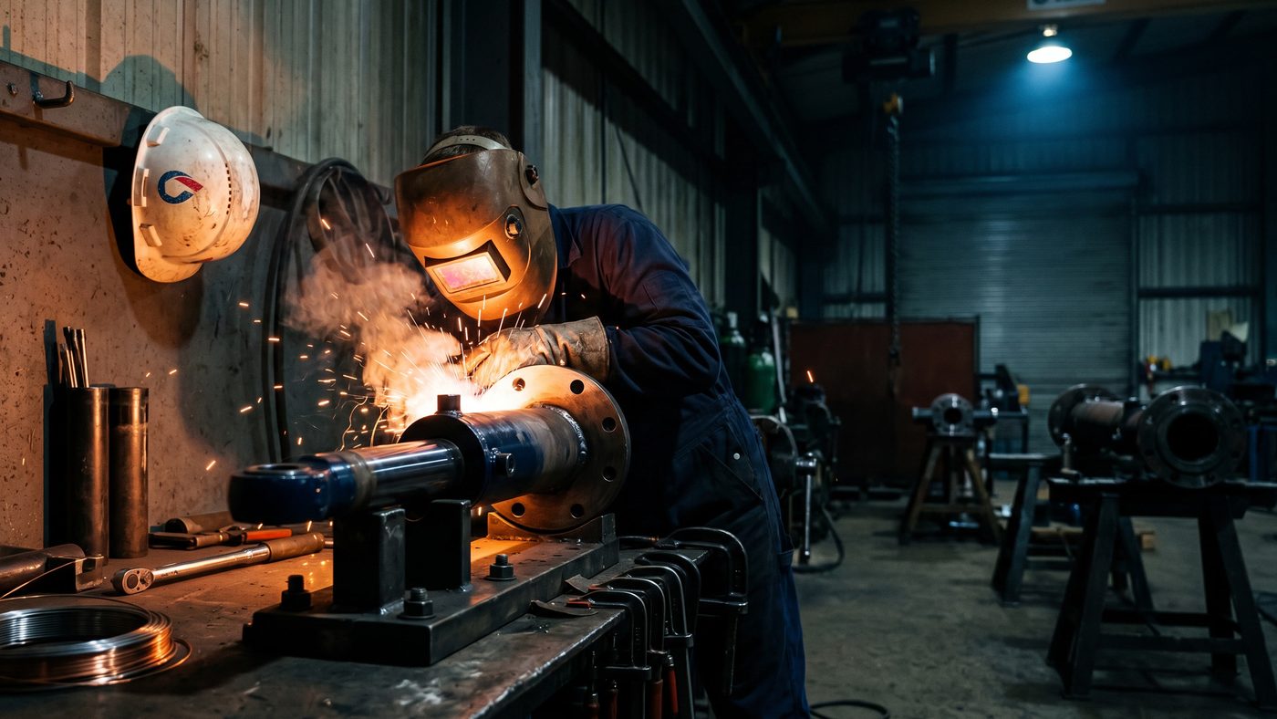 A fabricator in a welding mask joining a hydraulic cylinder flange at a workshop bench, sparks lighting the steel, a white hard hat hanging on the wall behind.