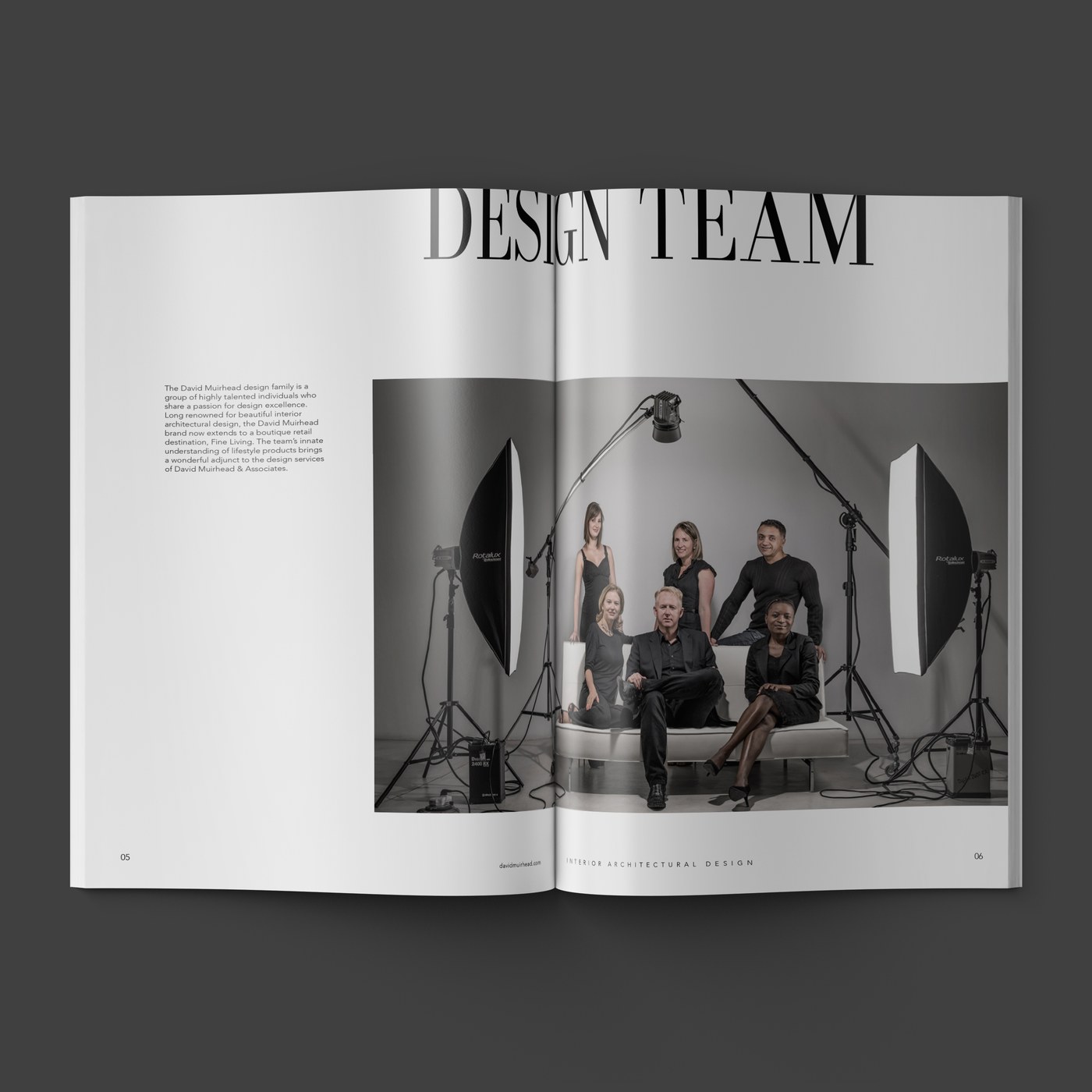 The Design Team spread, the studio photographed under lights across both pages.