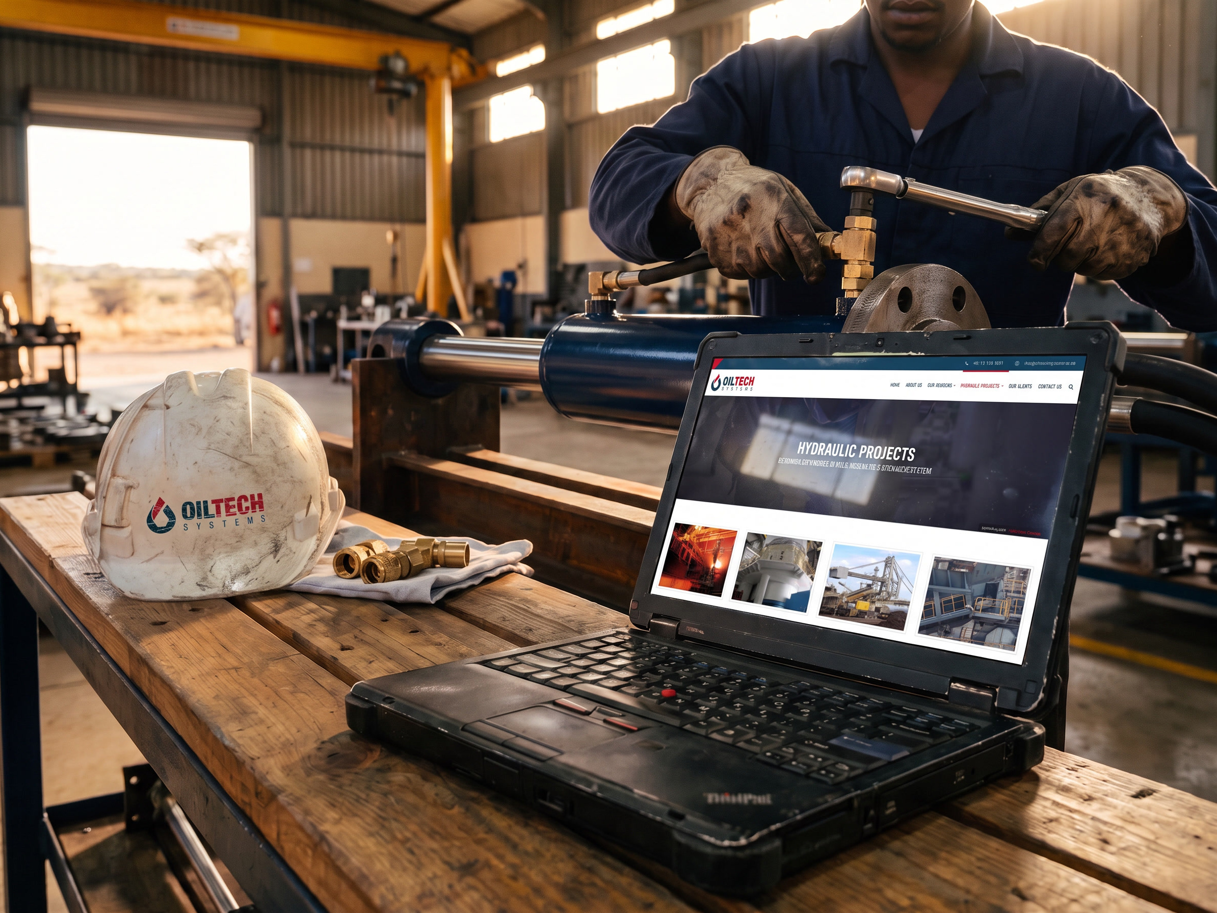 The Oiltech Systems site open on a laptop on the workshop bench, a fitter working on a cylinder behind.