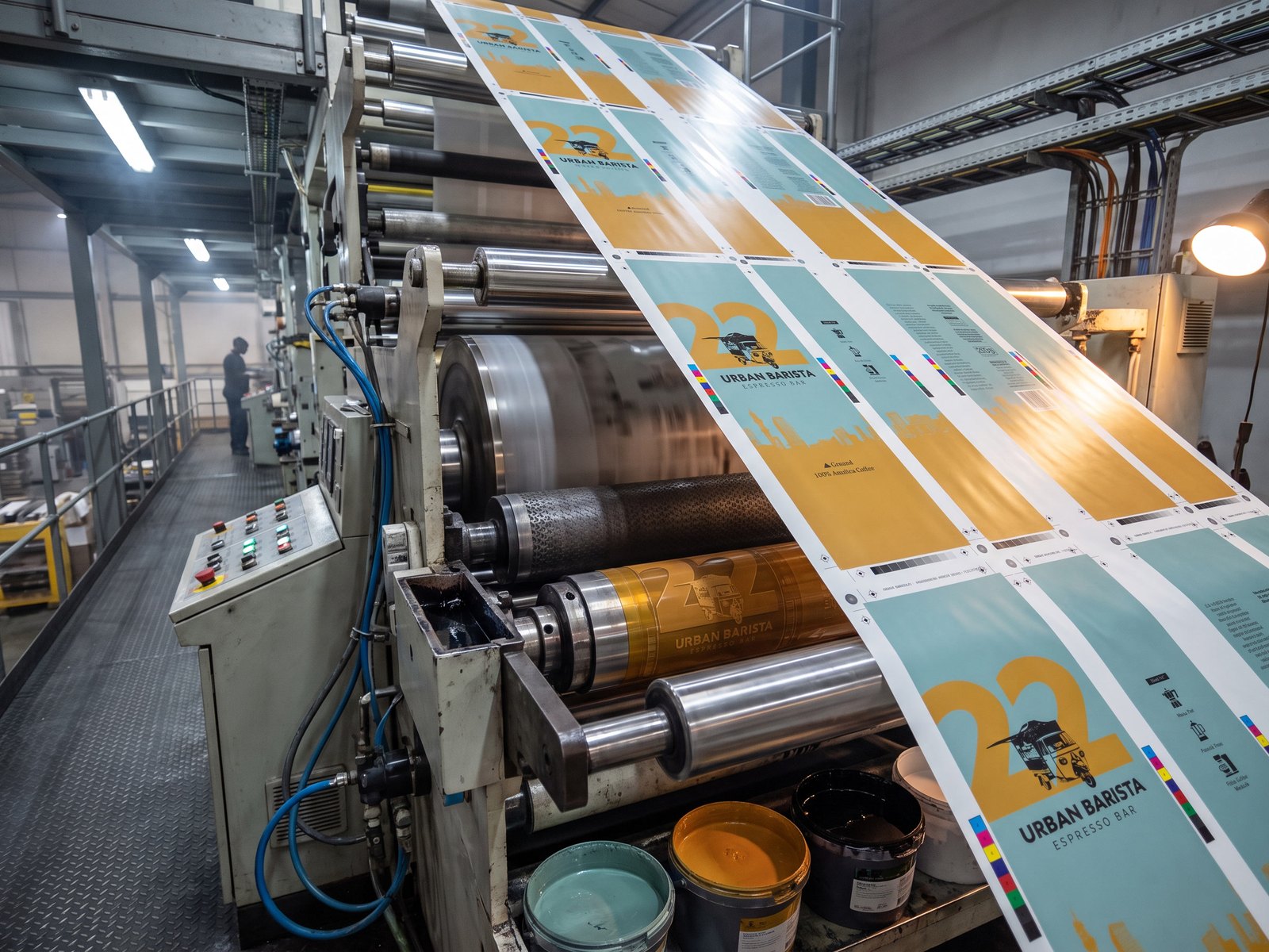 Printed packaging film running over a steel roller, carrying the repeating Urban Barista panel sequence.