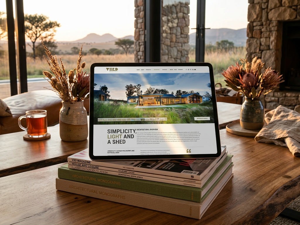 The Veld Architects site open on a tablet in a stone-walled living room beside a lit fire.